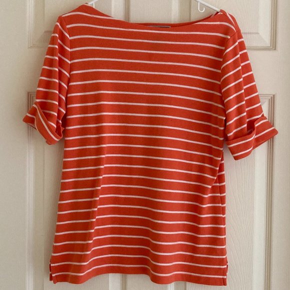 Karen Scott Tops - Karen Scott Women's Boat Neck Shirt, Coral and White Stripes, Medium